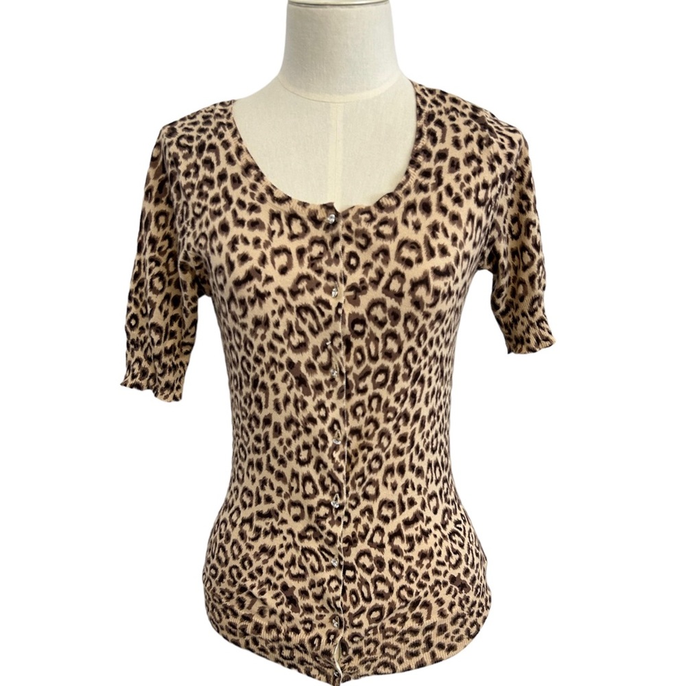 Charlotte Tarantola Short Sleeve Leopard Crystal Button Sweater Cardigan Medium.